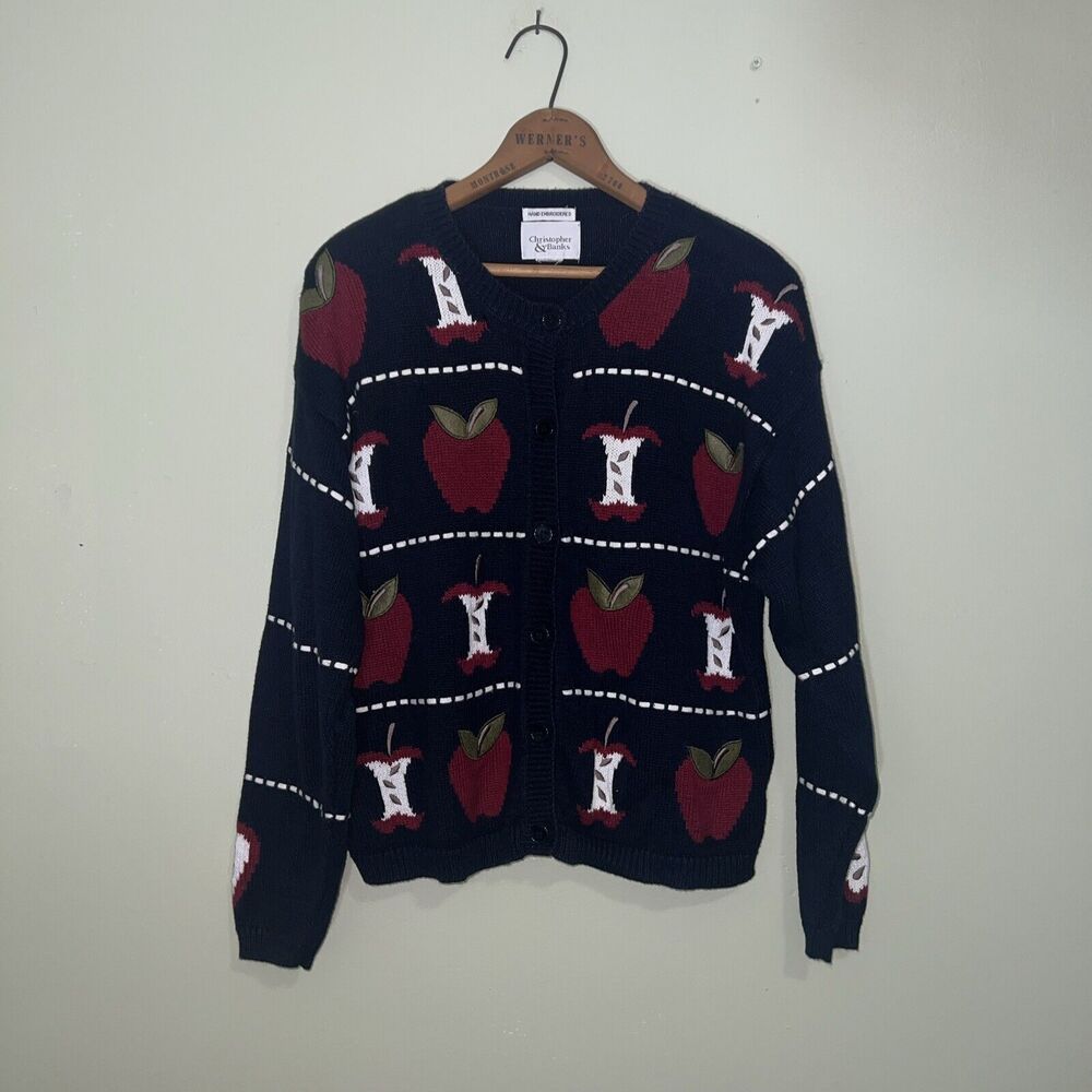 Vintage Apple Cardigan Christopher & Banks Hand Embroidered Sz L Sweater Teacher